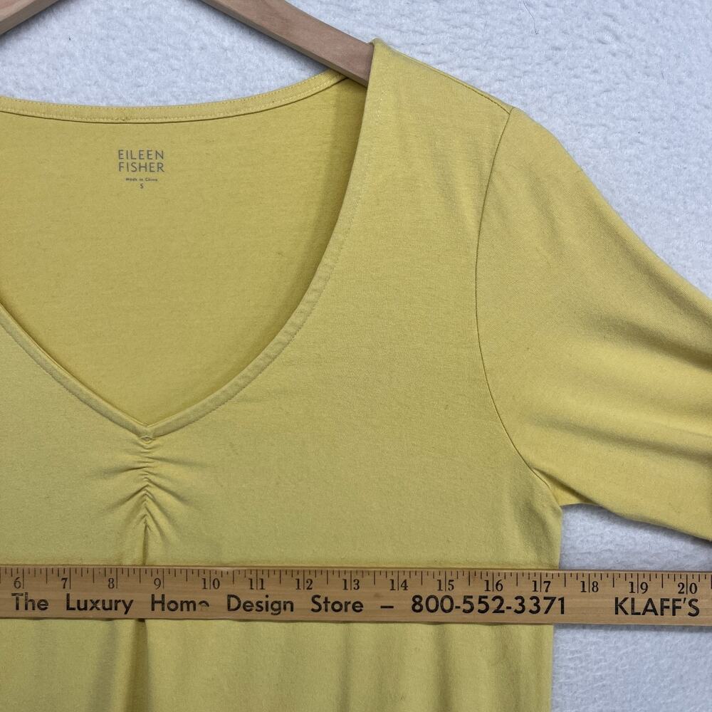 EILEEN FISHER Top S Viscose Stretch Jersey Tunic Ruched V-Neck 3/4 Sleeve Yellow - Picture 9 of 11